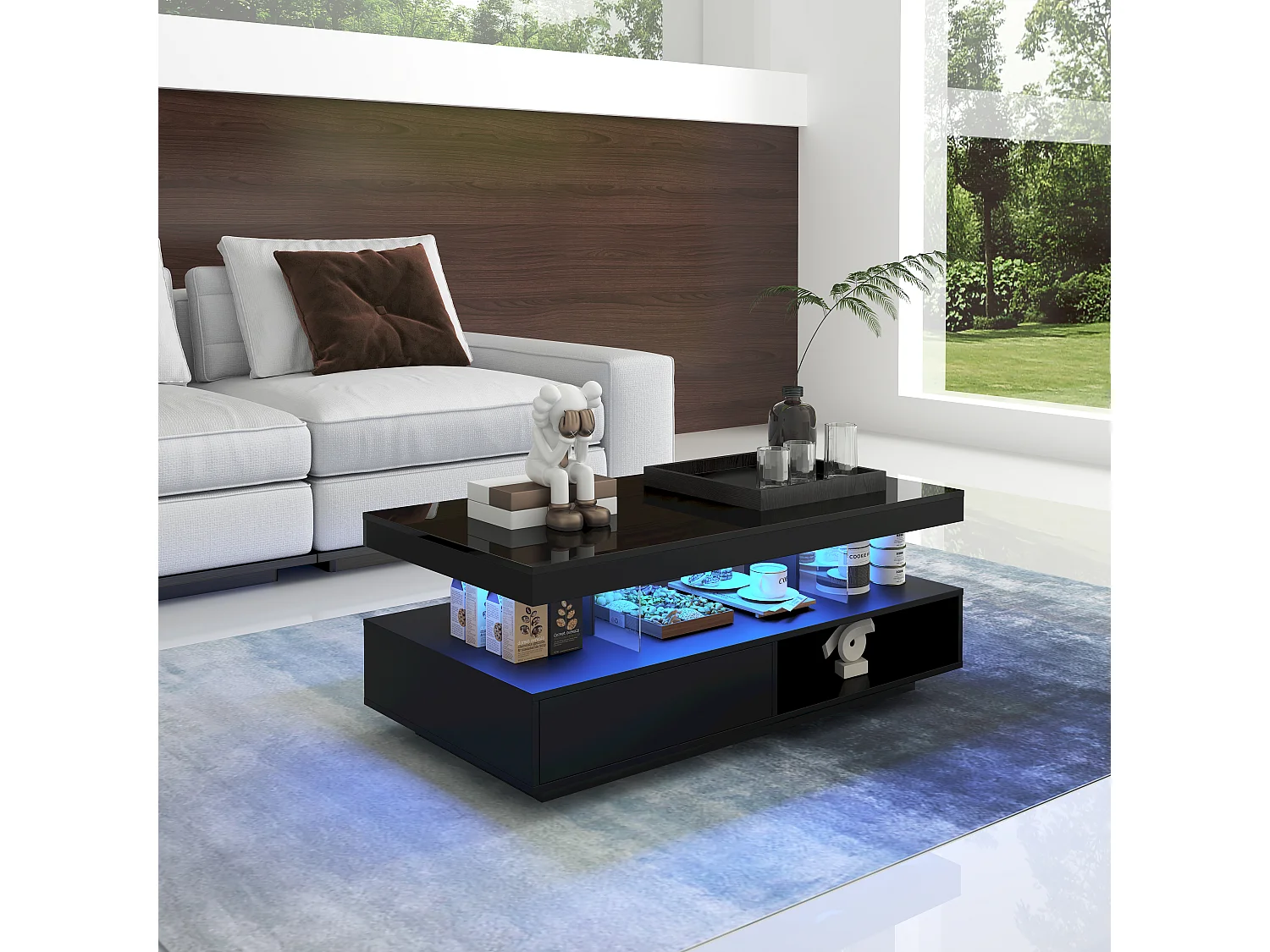 Glanzende salontafel - 95 x 50 x 42,5 cm - met 4 glazen bladen + 2 lades - spaanplaat - zwart