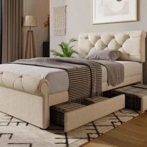 Gestoffeerd bed in linnenstof – 90x200cm – met 2 lades – verstelbaar hoofdeinde – Licht naturel Gestoffeerd bed in linnenstof – 90x200cm – met 2 lades – verstelbaar hoofdeinde – Licht naturel