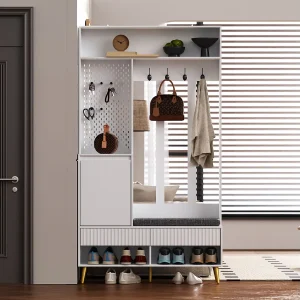 Halkapstok met gestoffeerde bank, 4 haken, 2 lades – wit – 100x35x180 cm Halkapstok met gestoffeerde bank, 4 haken, 2 lades – wit – 100x35x180 cm