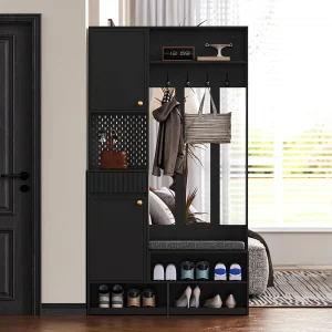 Halkapstok met gestoffeerde bank, 4 haken, lades en deuren – zwart – 100x35x180 cm Halkapstok met gestoffeerde bank, 4 haken, lades en deuren – zwart – 100x35x180 cm