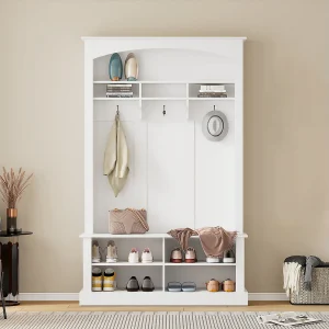 Halkapstok met 3 haken, schoenenrek en open opbergruimte – wit Halkapstok met 3 haken, schoenenrek en open opbergruimte – wit