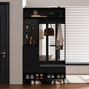 Halkapstok met gestoffeerde bank, 4 haken, 2 lades – zwart – 100x35x180 cm Halkapstok met gestoffeerde bank, 4 haken, 2 lades – zwart – 100x35x180 cm