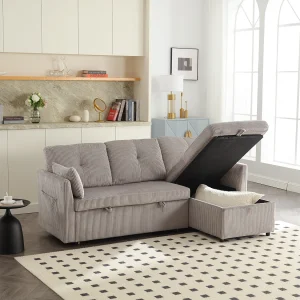 Grijze, zachte, omvormbare hoekbank met opbergruimte en uitschuifbare chaise longue – voor woonkamer of studio