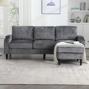 Grijze Chenille 4-zits modulaire bank met opbergpoef, bekerhouders en zijzakken – voor de woonkamer