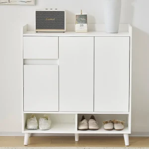 Hal schoenenkast met verstelbare planken, 3 deuren en 1 lade, houten poten – wit Hal schoenenkast met verstelbare planken, 3 deuren en 1 lade, houten poten – wit