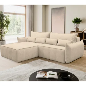 Hoekbank Empoli, hoekbank in L-vorm met slaapfunctie en bedbak, kleur: beige, veloursstof, ottomane links