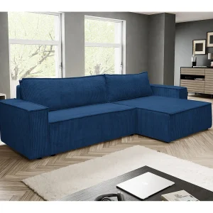 Hoekbank Hugo XL, hoekbank in L-vorm met slaapfunctie en bedbak, kleur: blauw, corduroy, ottomane links of rechts