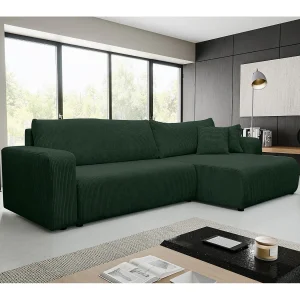 Hoekbank Luna XL, hoekbank in L-vorm met slaapfunctie en bedbak, kleur: groen, corduroy, ottomane links of rechts