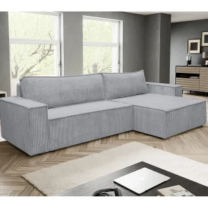 Hoekbank Hugo XL, hoekbank in L-vorm met slaapfunctie en bedbak, kleur: grijs, corduroy, ottomane links of rechts