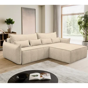 Hoekbank Empoli, hoekbank in L-vorm met slaapfunctie en bedbak, kleur: beige, veloursstof, ottomane rechts