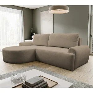 Hoekbank Dream, hoekbank in L-vorm met slaapfunctie en bedbak, kleur: bruin, bouclé-stof, ottomane links