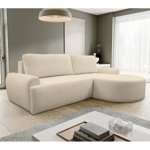 Hoekbank Dream, hoekbank in L-vorm met slaapfunctie en bedbak, kleur: beige, bouclé-stof, ottomane rechts