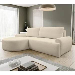 Hoekbank Dream, hoekbank in L-vorm met slaapfunctie en bedbak, kleur: beige, bouclé-stof, ottomane links