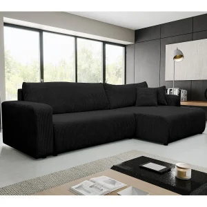 Hoekbank Luna XL, hoekbank in L-vorm met slaapfunctie en bedbak, kleur: zwart, corduroy, ottomane links of rechts