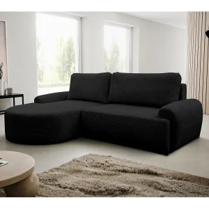 Hoekbank Dream Cord, hoekbank in L-vorm met slaapfunctie en bedbak, kleur: zwart, corduroy, ottomane links