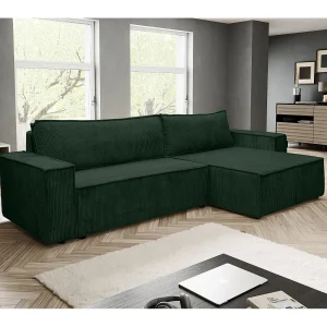 Hoekbank Hugo XL, hoekbank in L-vorm met slaapfunctie en bedbak, kleur: groen, corduroy, ottomane links of rechts