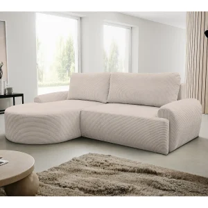 Hoekbank Dream Cord, hoekbank in L-vorm met slaapfunctie en bedbak, kleur: beige, corduroy, ottomane links Hoekbank Dream Cord, hoekbank in L-vorm met slaapfunctie en bedbak, kleur: beige, corduroy, ottomane links