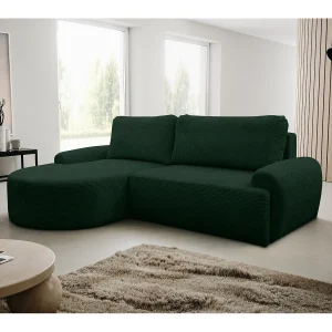 Hoekbank Dream Cord, hoekbank in L-vorm met slaapfunctie en bedbak, kleur: groen, corduroy, ottomane links