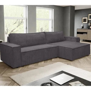 Hoekbank Hugo XL, hoekbank in L-vorm met slaapfunctie en bedbak, kleur: donkergrijs, corduroy, ottomane links of rechts