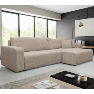 Hoekbank Luna XL, hoekbank in L-vorm met slaapfunctie en bedbak, kleur: beige, corduroy, ottomane links of rechts