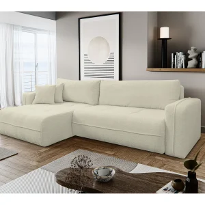 Hoekbank Cloud, hoekbank in L-vorm met slaapfunctie en bedbak, kleur: beige, bouclé-stof, universele ottomane Hoekbank Cloud, hoekbank in L-vorm met slaapfunctie en bedbak, kleur: beige, bouclé-stof, universele ottomane