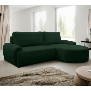 Hoekbank Dream Cord, hoekbank in L-vorm met slaapfunctie en bedbak, kleur: groen, corduroy, ottomane rechts
