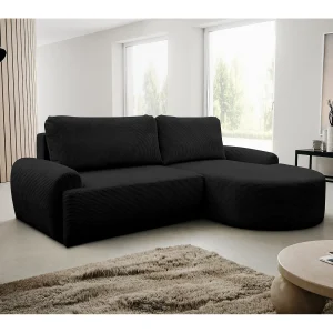 Hoekbank Dream Cord, hoekbank in L-vorm met slaapfunctie en bedbak, kleur: zwart, corduroy, ottomane rechts