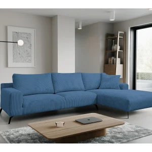 Hoekbank Aspen, hoekbank in L-vorm, kleur: blauw, corduroy, ottomane rechts