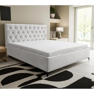 Gestoffeerd bed Chesterfield met hoofdeinde, 180 x 200 cm, tweepersoonsbed met bedbak en lattenbodem van metaal, veloursstof, kleur: lichtgrijs