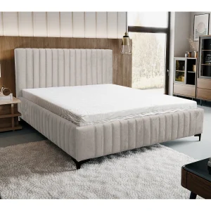 Gestoffeerd bed Quant met hoofdeinde, 180 x 200 cm, tweepersoonsbed met bedbak en lattenbodem van metaal, veloursstof, kleur: beige