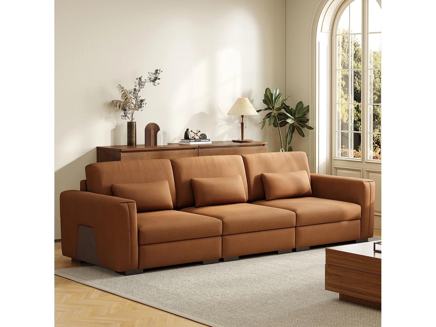 Grote bank 276×98×90 cm van kunstleer, comfortabele 3-zitsbank met zachte bekleding en armleuningen, veel kussens, moderne bank voor woonkamer en kantoor