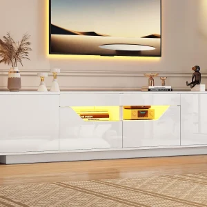 Glanzend TV-meubel 180×40×45 cm – met LED-verlichting – 2 laden en 2 deuren – Geschikt voor 75 inch televisies – wit