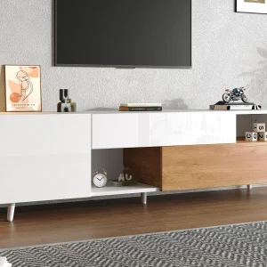 Glanzend TV-meubel 180×38×50 cm – 2 deuren en 1 la – Geschikt voor 75 inch televisies – wit en naturel