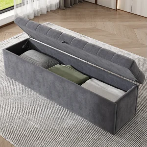Gestoffeerde opbergbank met opbergruimte – houten frame – grijs fluweel 138x41x42 cm Gestoffeerde opbergbank met opbergruimte – houten frame – grijs fluweel 138x41x42 cm