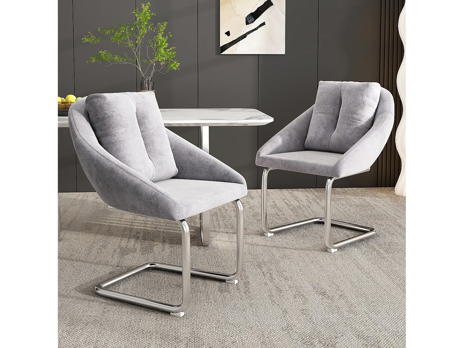 Grijze fluwelen eetkamerstoel, luxe draaibare fauteuil met kussens, ergonomisch design, gebogen poten (72,39 x 60,96 x 50,17 cm)