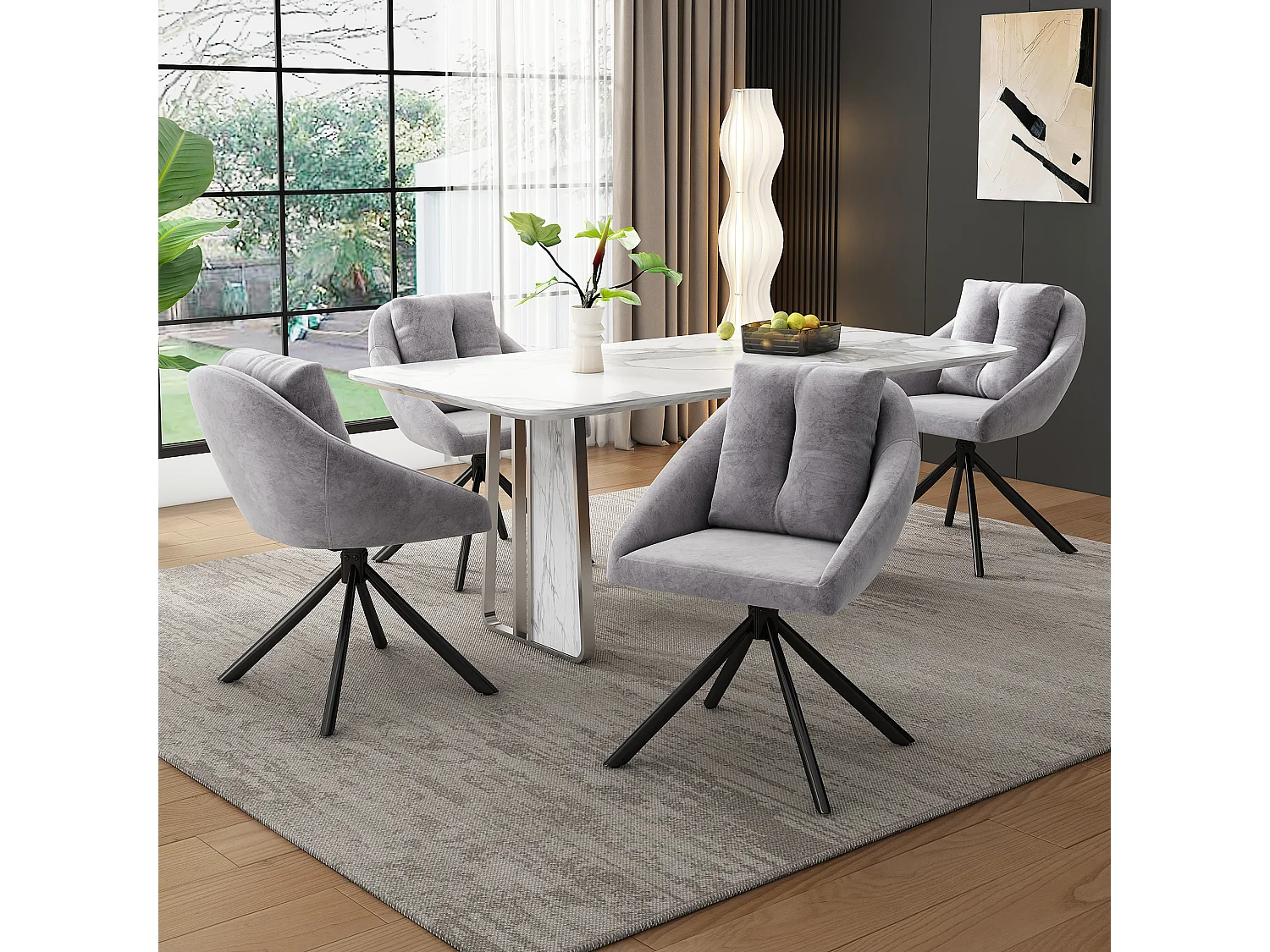 Grijze fluwelen eetkamerstoel, modern design, draaibaar, fluwelen materiaal, metalen frame (72,39 x 62,23 x 49,53 cm)