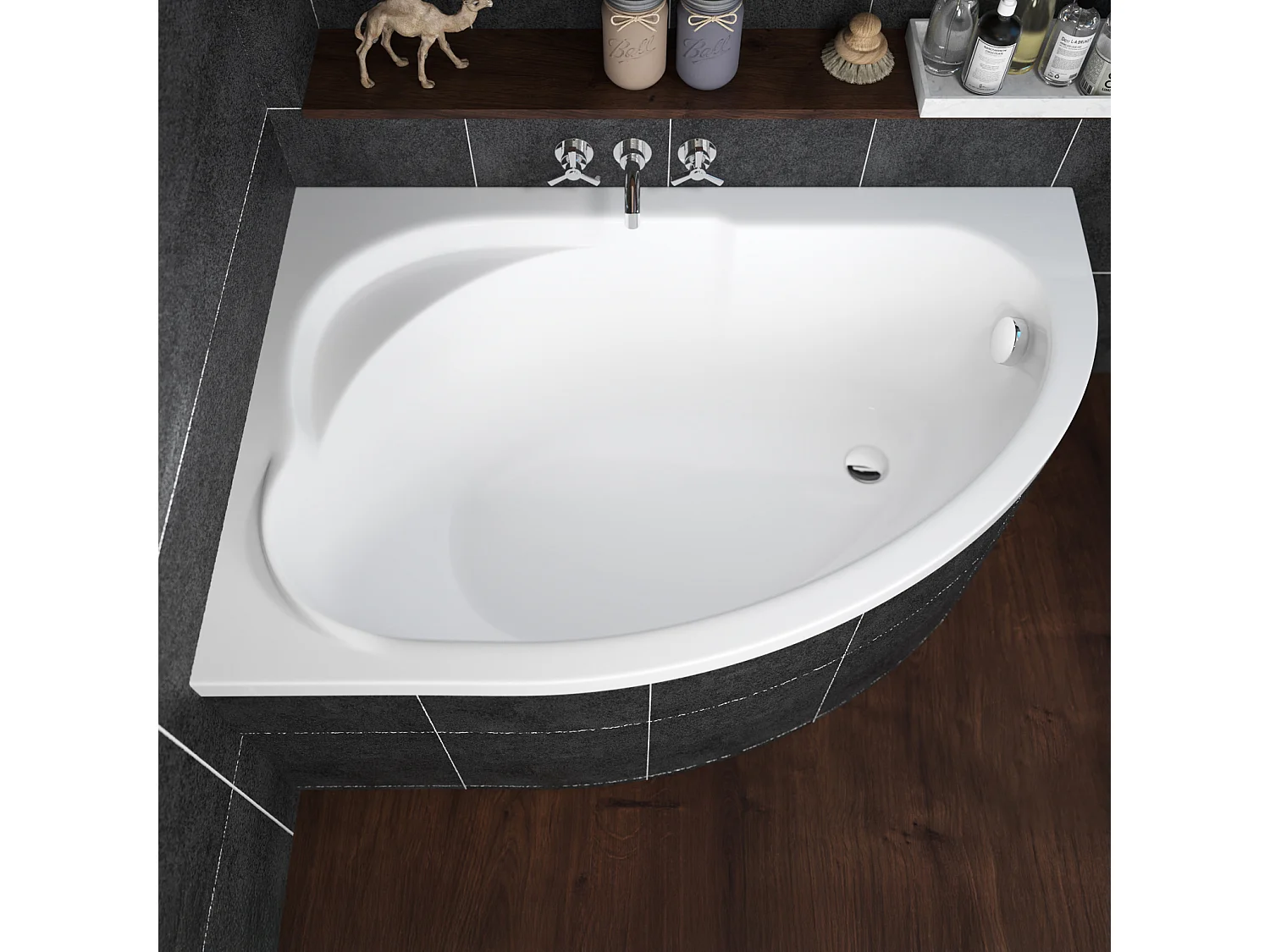 Hoekbad STANDARD 130x85 rechts met piepschuim bekleding | Afvoer & poten GRATIS!