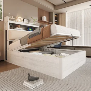 Gestoffeerd tweepersoonsbed met USB, met opbergvak, 90 x 200 cm, lattenbodem, wit Gestoffeerd tweepersoonsbed met USB, met opbergvak, 90 x 200 cm, lattenbodem, wit