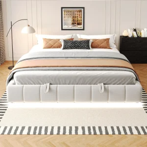 Gestoffeerd bed, 180 x 200 cm, met opbergruimte, met ledverlichting, tweepersoonsbed zonder hoofdeinde, beige Gestoffeerd bed, 180 x 200 cm, met opbergruimte, met ledverlichting, tweepersoonsbed zonder hoofdeinde, beige