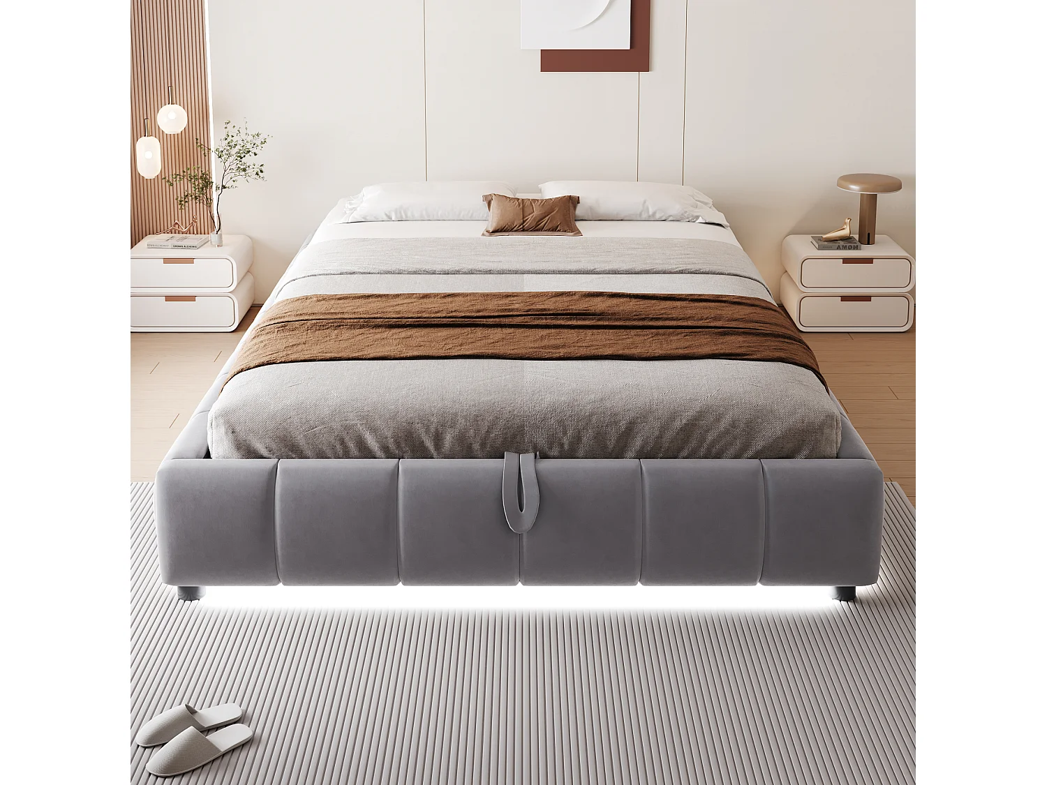 Gestoffeerd bed, 140 x 200 cm, met opbergruimte, met LED, tweepersoonsbed zonder hoofdbord, Grijs