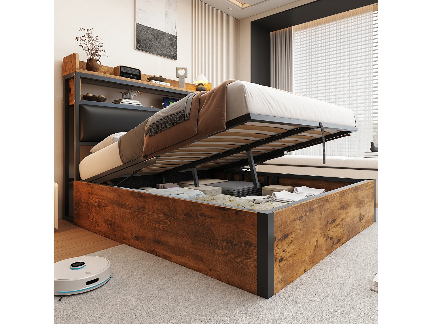 Gestoffeerd tweepersoonsbed met USB-poort en opbergruimte, 140 x 200 cm, lattenbodem, zwart