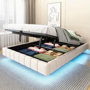 Gestoffeerd bed 140 x 200 cm, met opbergruimte, zonder hoofdbord, met LED, linnen, beige Gestoffeerd bed 140 x 200 cm, met opbergruimte, zonder hoofdbord, met LED, linnen, beige