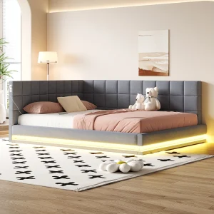 Gestoffeerd bed met LED en USB, bedframe met lattenbodem, slaapbank, grijs – 160 * 200 cm Gestoffeerd bed met LED en USB, bedframe met lattenbodem, slaapbank, grijs – 160 * 200 cm