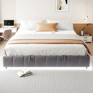 Gestoffeerd bed, 180 x 200 cm, met opbergruimte, met LED, tweepersoonsbed zonder hoofdbord, Grijs Gestoffeerd bed, 180 x 200 cm, met opbergruimte, met LED, tweepersoonsbed zonder hoofdbord, Grijs