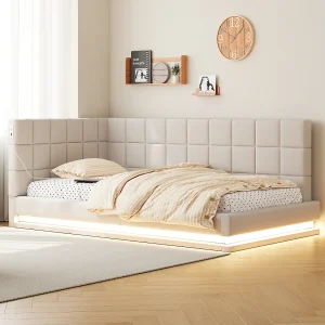 Gestoffeerd bed met LED en USB, bedframe met lattenbodem, slaapbank, Beige-90 x 200cm Gestoffeerd bed met LED en USB, bedframe met lattenbodem, slaapbank, Beige-90 x 200cm