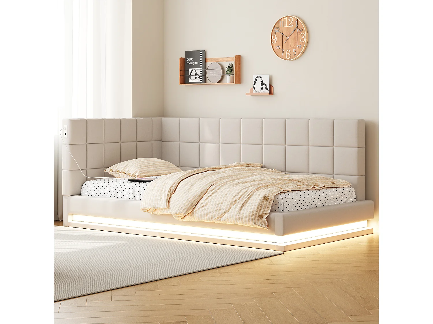 Gestoffeerd bed met LED en USB, bedframe met lattenbodem, slaapbank, Beige-90 x 200cm