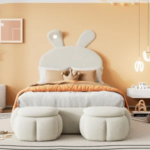 Gestoffeerd eenpersoonsbed, konijnenoren (dimbaar licht, warme strepen), 2 opbergkrukken, houten lattenbodem, fluweel, beige, 90x200cm Gestoffeerd eenpersoonsbed, konijnenoren (dimbaar licht, warme strepen), 2 opbergkrukken, houten lattenbodem, fluweel, beige, 90x200cm