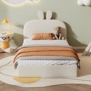 Gestoffeerd konijnenhoofdeinde, kinderbed met houten lattenbodem, eenpersoonsbed, fluweel, beige, 90x200cm Gestoffeerd konijnenhoofdeinde, kinderbed met houten lattenbodem, eenpersoonsbed, fluweel, beige, 90x200cm