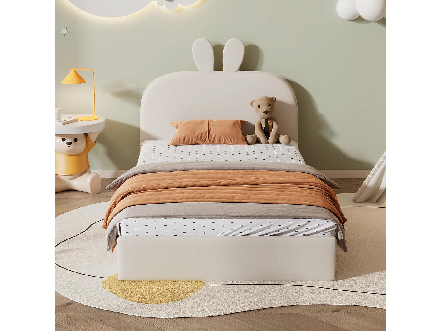 Gestoffeerd konijnenhoofdeinde, kinderbed met houten lattenbodem, eenpersoonsbed, fluweel, beige, 90x200cm