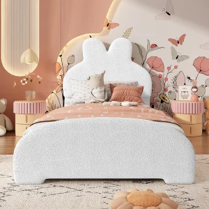 Gestoffeerd eenpersoonsbed, hoofdbord met konijnenoren, eenvoudig, elegant en comfortabel, schattige cartoonstijl. Kunstfleece, wit, 90×200 cm. Gestoffeerd eenpersoonsbed, hoofdbord met konijnenoren, eenvoudig, elegant en comfortabel, schattige cartoonstijl. Kunstfleece, wit, 90×200 cm.
